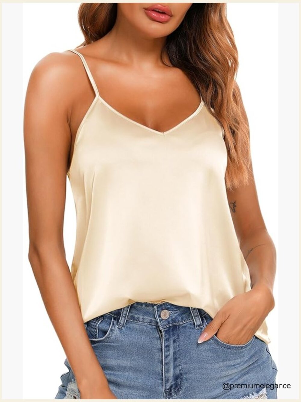 Satin Silk V-Neck Cami Tank Top Adjustable Spaghetti Straps Summer Basic
